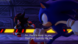 Size: 3840x2160 | Tagged: safe, artist:adverse56, shadow the hedgehog, sonic the hedgehog, sonic adventure 2, 2023, 3d, abstract background, dialogue, duo, english text, remake, running, soap shoes