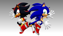 Size: 2560x1440 | Tagged: safe, artist:detexki99, shadow the hedgehog, sonic the hedgehog, sonic x shadow generations, 2024, 3d, duo, gradient background, remake, soap shoes