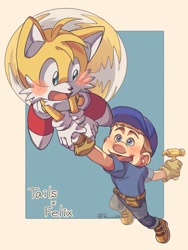 Size: 1536x2048 | Tagged: safe, artist:te____zz, miles "tails" prower, abstract background, carrying them, character name, crossover, duo, fix-it felix jr. (wreck-it ralph), hammer, smile, wreck-it ralph (series)