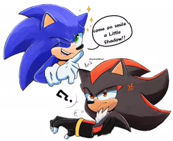 Size: 2048x1680 | Tagged: safe, artist:sandra0987art_, shadow the hedgehog, sonic the hedgehog, sonic the hedgehog 3 (film), 2024, annoyed, cross popping vein, dialogue, duo, english text, frown, question mark, simple background, smile, sparkles, speech bubble, white background, wink