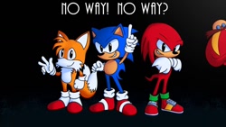 Size: 1280x720 | Tagged: safe, knuckles the echidna, miles "tails" prower, robotnik, sonic the hedgehog, arms folded, black background, english text, group, looking at viewer, no way screen, pointing, redraw, simple background, smile, sonic the hedgehog 3, v sign, youtube thumbnail