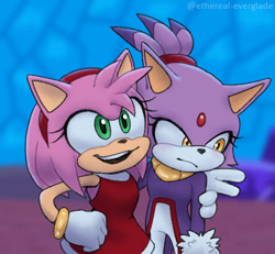 Size: 910x840 | Tagged: safe, artist:ethereal-everglade, amy rose, blaze the cat, cat, hedgehog, 2024, amy x blaze, amy's halterneck dress, blaze's tailcoat, cute, female, females only, hand on shoulder, lesbian, looking at them, shipping