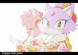 Size: 2048x1467 | Tagged: safe, artist:posojo123, amy rose, blaze the cat, cat, hedgehog, 2021, amy x blaze, cute, eyes closed, female, females only, happy new year, lesbian, looking at viewer, mouth open, new years, shipping