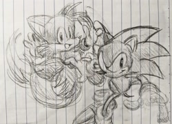 Size: 2048x1472 | Tagged: safe, artist:stupidfred0, miles "tails" prower, sonic the hedgehog, 2024, duo, flying, line art, lined paper, looking at viewer, pencilwork, sketch, smile, traditional media