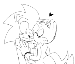 Size: 1266x1080 | Tagged: safe, artist:la_gata_golosa_, miles "tails" prower, sonic the hedgehog, 2024, :|, blushing, duo, gay, heart, licking, licking nose, line art, shipping, simple background, sketch, sonic x tails, tongue out, white background