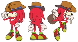 Size: 2048x1102 | Tagged: safe, artist:bridgeoffaust, knuckles the echidna, sonic the ova, 2023, hat, holding something, knuckles' hat, reference sheet, sack, simple background, smile, solo, standing, white background