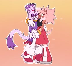 Size: 1811x1664 | Tagged: safe, artist:snazzytader, amy rose, blaze the cat, cat, hedgehog, 2024, amy x blaze, blaze's tailcoat, cute, eyes closed, female, females only, hand on shoulder, holding hands, lesbian, mouth open, one eye closed, shipping