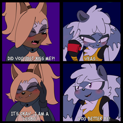 Size: 2048x2048 | Tagged: safe, artist:umtrem, tangle the lemur, whisper the wolf, blushing, comic, dialogue, did you just kiss me?, duo, lesbian, meme, panels, shipping, tangle x whisper