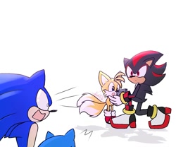 Size: 1280x1065 | Tagged: safe, artist:nekitogame67025, miles "tails" prower, shadow the hedgehog, sonic the hedgehog, sonic x shadow generations, 2024, classic sonic, group, gun, self paradox, simple background, surprised, white background