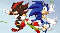 Size: 2047x1150 | Tagged: safe, artist:mangocatart, shadow the hedgehog, sonic the hedgehog, sonic x shadow generations, 2024, classic sonic, frown, gradient background, grass, mid-air, redraw, self paradox, signature, tears, trio, watermark