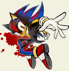 Size: 1078x1103 | Tagged: safe, artist:maipeikko, oc, hedgehog, 2024, blood, blood splatter, cream background, fankid, frown, magical gay spawn, male, outline, parent:shadow, parent:sonic, parents:sonadow, simple background, solo, uekawa style, unnamed oc