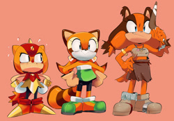 Size: 2048x1423 | Tagged: safe, artist:em.bani, artist:lightdasher, marine the raccoon, sticks the badger, trip the sungazer, boomerang, color edit, hand on hip, hands on hips, holding something, orange background, simple background, smile, trio