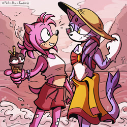 Size: 2048x2048 | Tagged: safe, artist:felis-rach, amy rose, blaze the cat, cat, hedgehog, 2021, amy x blaze, beach, bikini, cute, female, females only, hat, ice cream, lesbian, looking at each other, sarong, shipping