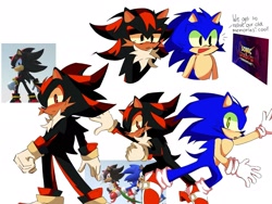 Size: 2048x1536 | Tagged: safe, artist:ghostwithaknife, shadow the hedgehog, sonic the hedgehog, sonic x shadow generations, 2024, cute, dialogue, duo, english text, gay, redraw, reference inset, shadow x sonic, shadowbetes, shipping, simple background, sonabetes, white background