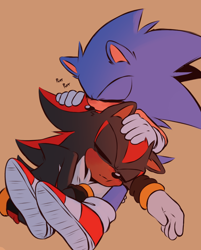 Size: 870x1080 | Tagged: safe, artist:ghostie-juice, shadow the hedgehog, sonic the hedgehog, 2024, beige background, cute, duo, eyes closed, gay, purring, sfx, shadow x sonic, shadowbetes, shipping, simple background, sitting, sleeping, sonabetes