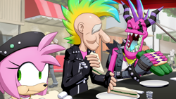 Size: 1056x594 | Tagged: safe, artist:joeadok, amy rose, professor pickle, zazz, punk