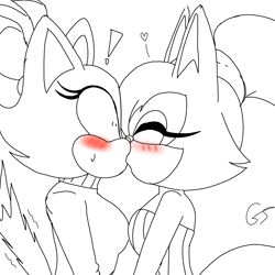 Size: 2048x2048 | Tagged: safe, artist:triplettailedfox, blaze the cat, whisper the wolf, cat, wolf, 2024, blaze x whisper, blushing, duo female, exclamation mark, eyes closed, female, females only, frizzed, heart, kiss, lesbian, line art, mobius.social exclusive, shipping, shrunken pupils, signature, simple background, solo, standing, surprise kiss, surprised, sweatdrop, white background