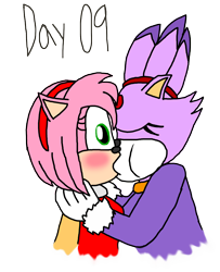 Size: 2048x2523 | Tagged: safe, artist:horroraceman93, amy rose, blaze the cat, cat, hedgehog, 2023, amy x blaze, amy's halterneck dress, blaze's tailcoat, blushing, cute, eyes closed, female, females only, kiss, lesbian, shipping