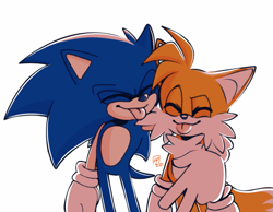 Size: 1283x997 | Tagged: safe, artist:seldompathic, miles "tails" prower, sonic the hedgehog, 2024, arm around shoulders, backwards v sign, cute, duo, eyes closed, signature, simple background, standing, tongue out, v sign, white background