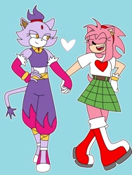 Size: 1536x2048 | Tagged: safe, artist:t4tsurge, amy rose, blaze the cat, alternate outfit, amy x blaze, blue background, duo, ear piercing, earring, heart, holding hands, lesbian, looking at them, outline, shipping, simple background, smile, standing, walking