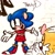 Size: 1280x1280 | Tagged: safe, artist:notnights, miles "tails" prower, sonic the hedgehog, clapping, classic sonic, classic tails, cute, dialogue, dress, duo, english text, eyes closed, fangs, femboy, heels, looking at them, penwork, sfx, smile, standing, traditional media