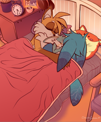 Size: 1175x1423 | Tagged: safe, artist:cloudycocoa, kit the fennec, miles "tails" prower, oc, 2024, abstract background, alarm clock, bed, fankid, gay, holding each other, indoors, kitails, older, parent:kit, parent:tails, parents:kittails, pillow, shipping, signature, sleeping, table, trio