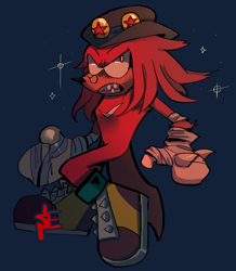 Size: 1068x1227 | Tagged: safe, artist:punkray, knuckles the echidna, bandage, bandaid, bandaid over nose, blue background, clenched teeth, hat, knuckles' hat, looking offscreen, looking up, signature, simple background, solo, sparkles, youtube link in description