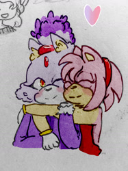 Size: 1280x1707 | Tagged: safe, artist:weeklyblazethecat, amy rose, blaze the cat, cat, hedgehog, 2019, amy x blaze, amy's halterneck dress, blaze's tailcoat, cute, eyes closed, female, females only, heart, hugging, lesbian, one eye closed, shipping, traditional media