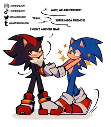Size: 1795x2048 | Tagged: safe, artist:imatheneonleon, shadow the hedgehog, sonic the hedgehog, sonic x shadow generations, dialogue, duo, ear piercing, earring, english text, gay, holding hands, looking at them, looking away, scar, shadow x sonic, shipping, simple background, sparkles, standing, white background