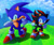 Size: 2048x1733 | Tagged: safe, artist:k3llywolfarts, sonic the hedgehog, sonic x shadow generations, abstract background, classic sonic, clenched fist, daytime, duo, kigurumi, looking at viewer, outdoors, self paradox, shadow onesie, smile