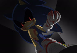 Size: 2076x1430 | Tagged: safe, artist:angelofhapiness, sonic the hedgehog, oc, oc:sonic.exe, 2015, abstract background, black sclera, bleeding, bleeding from eyes, blood, clenched teeth, dripping blood, looking down at viewer, smile, solo, standing