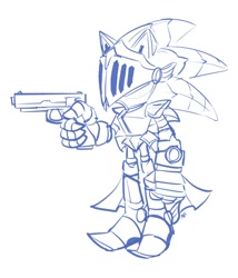 Size: 1252x1465 | Tagged: safe, artist:ls1389, sonic the hedgehog, sonic and the black knight, 2024, excalibur sonic, gun, holding something, line art, simple background, solo, standing, white background