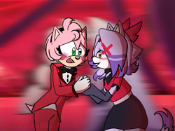 Size: 1366x1024 | Tagged: safe, artist:datuwuwaffle, amy rose, blaze the cat, cat, hedgehog, 2024, amy x blaze, amybetes, blazeabetes, blushing, chaggie, charlie morningstar, cosplay, crossover, cute, female, females only, hazbin hotel, holding hands, lesbian, mouth open, shipping, vaggie