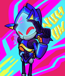 Size: 1200x1400 | Tagged: safe, artist:justyalocalmoss, chaos sonic, sonic prime, 2024, abstract background, english text, eyes closed, pointing, robot, signature, solo, standing