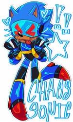 Size: 1229x2048 | Tagged: safe, artist:shadows-coffeebeans, chaos sonic, sonic prime, chaos sonabetes, character name, cute, double v sign, exclamation mark, eyes closed, freckles, heart, robot, simple background, solo, standing on one leg, star (symbol), tongue out, transparent background, v sign