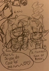 Size: 707x1024 | Tagged: safe, artist:wa wa, shadow the hedgehog, sonic the hedgehog, 2020, blushing, dialogue, duo, english text, faic, flower, gender swap, heart, holding something, lesbian, line art, r63 shipping, shadow x sonic, shipping, sketch, speech bubble, traditional media