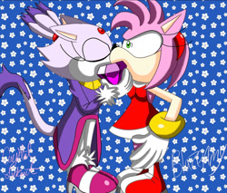 Size: 1280x1088 | Tagged: safe, artist:amyrosefan23, amy rose, blaze the cat, cat, hedgehog, 2024, amy x blaze, amy's halterneck dress, blaze's tailcoat, chaos emerald, cute, eyes closed, female, females only, kiss, lesbian, shipping