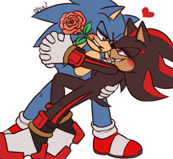 Size: 1077x992 | Tagged: safe, artist:alittlebitfast, shadow the hedgehog, sonic the hedgehog, blushing, clenched teeth, dancing, duo, flower, gay, heart, holding each other, lidded eyes, mouth hold, rose, rose in mouth, shadow x sonic, shipping, signature, simple background, smile, white background