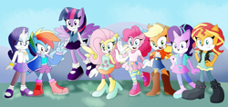 Size: 2450x1152 | Tagged: safe, artist:jaedenwalton, alicorn, alternate mane seven, applejack, crossover, earth pony, fluttershy, mane six, mobianified, my little pony, pegasus, pinkie pie, pony, rainbow dash, rarity, starlight glimmer, sunset shimmer, twilight sparkle, unicorn