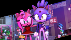 Size: 1280x720 | Tagged: safe, artist:studioproductionsx, amy rose, blaze the cat, cat, hedgehog, 2024, 3d, amy's halterneck dress, blaze's tailcoat, crossover, female, females only, hand on shoulder, lesbian, pokemon, shipping, splatoon, yoshi