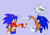 Size: 2048x1417 | Tagged: safe, artist:carnation-damnation, sonic the hedgehog, dialogue, duo, looking at each other, nonbinary, pointing, pride, pride flag, purple background, self paradox, simple background, smile, speech bubble, standing, tan skin, top surgery scars, trans male, trans pride, transgender, transmasculine, vitiligo, wagging tail
