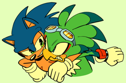 Size: 1588x1040 | Tagged: safe, artist:project-sonadow, jet the hawk, sonic the hedgehog, arm around shoulders, blushing, duo, gay, green background, jet x sonic, looking at each other, shipping, simple background, standing, top surgery scars, trans male, transgender