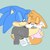 Size: 500x500 | Tagged: dead source, safe, artist:raccooncountry, miles "tails" prower, sonic the hedgehog, 2024, blushing, clothes, coffee, cute, duo, eyes closed, floppy ears, gay, green background, holding each other, hugging, mouth open, mug, one fang, shipping, shirt, simple background, smile, sonabetes, sonic x tails, tailabetes