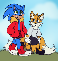 Size: 1125x1186 | Tagged: dead source, safe, artist:riotzerosys, miles "tails" prower, sonic the hedgehog, 2024, alternate outfit, bag, boots, clothes, clouds, daytime, duo, flat colors, grass, holding something, jacket, looking ahead, looking at them, mary janes (shoes), outdoors, shorts, skirt, smile, sweater, trans female, trans male, transgender, walking