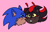 Size: 1017x658 | Tagged: dead source, safe, artist:riotzerosys, shadow the hedgehog, sonic the hedgehog, 2024, agender, duo, eyes closed, flat colors, gay, head only, kiss on cheek, mouth open, pink background, shadow x sonic, shipping, simple background, t4t, trans male, transgender, yellow sclera