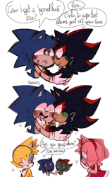 Size: 1200x1928 | Tagged: safe, artist:head---ache, amy rose, miles "tails" prower, shadow the hedgehog, sonic the hedgehog, bandaid, blue sclera, blushing, cute, dialogue, english text, gay, green blush, group, holding each other, kiss on cheek, shadow x sonic, shadowbetes, shipping, simple background, smile, sonabetes, top surgery scars, trans male, transgender, white background