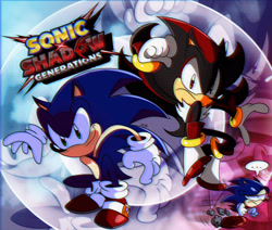 Size: 2574x2181 | Tagged: safe, artist:lilyunleashed, shadow the hedgehog, sonic the hedgehog, sonic x shadow generations, ..., 2024, abstract background, classic sonic, frown, self paradox, smile, trio