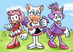 Size: 900x637 | Tagged: safe, artist:viraljp, amy rose, blaze the cat, rouge the bat