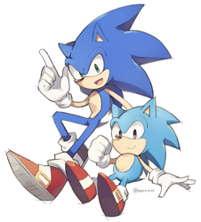 Size: 741x821 | Tagged: safe, artist:rent1275, sonic the hedgehog, classic sonic, clenched fist, duo, looking at viewer, modern sonic, pointing, self paradox, signature, simple background, smile, white background