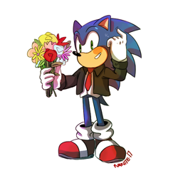 Size: 500x500 | Tagged: safe, artist:nanasity, sonic the hedgehog, blushing, clothes, flower bouquet, holding something, looking at viewer, signature, simple background, smile, solo, standing, suit, sweatdrop, tie, white background
